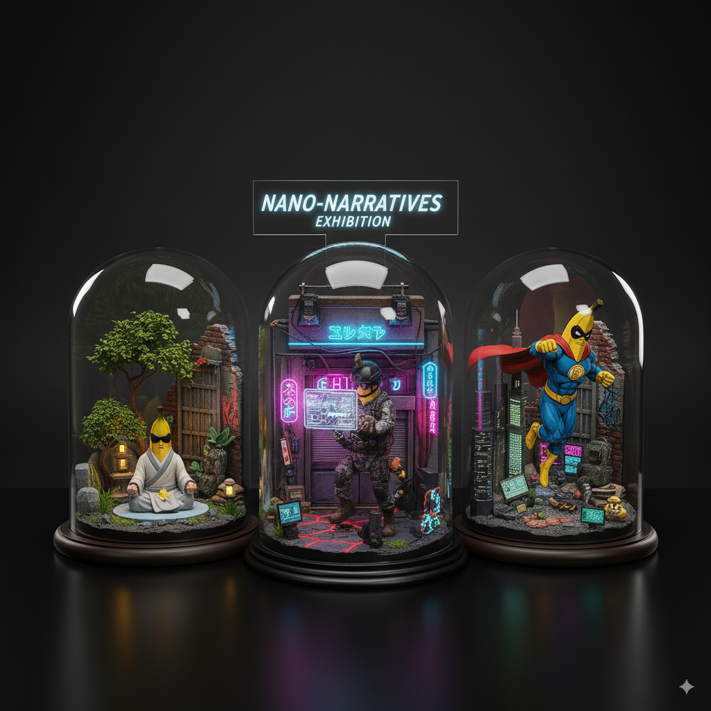 tiny diorama assembly, multiple 1:12 scale nano-bananas, detailed environmental elements, interlocking base system, narrative composition, exhibition-quality presentationMiniature Scene Collection nano banana figure